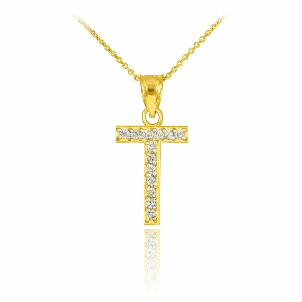 14k Gold Diamond Initial Letter T Pendant Necklace